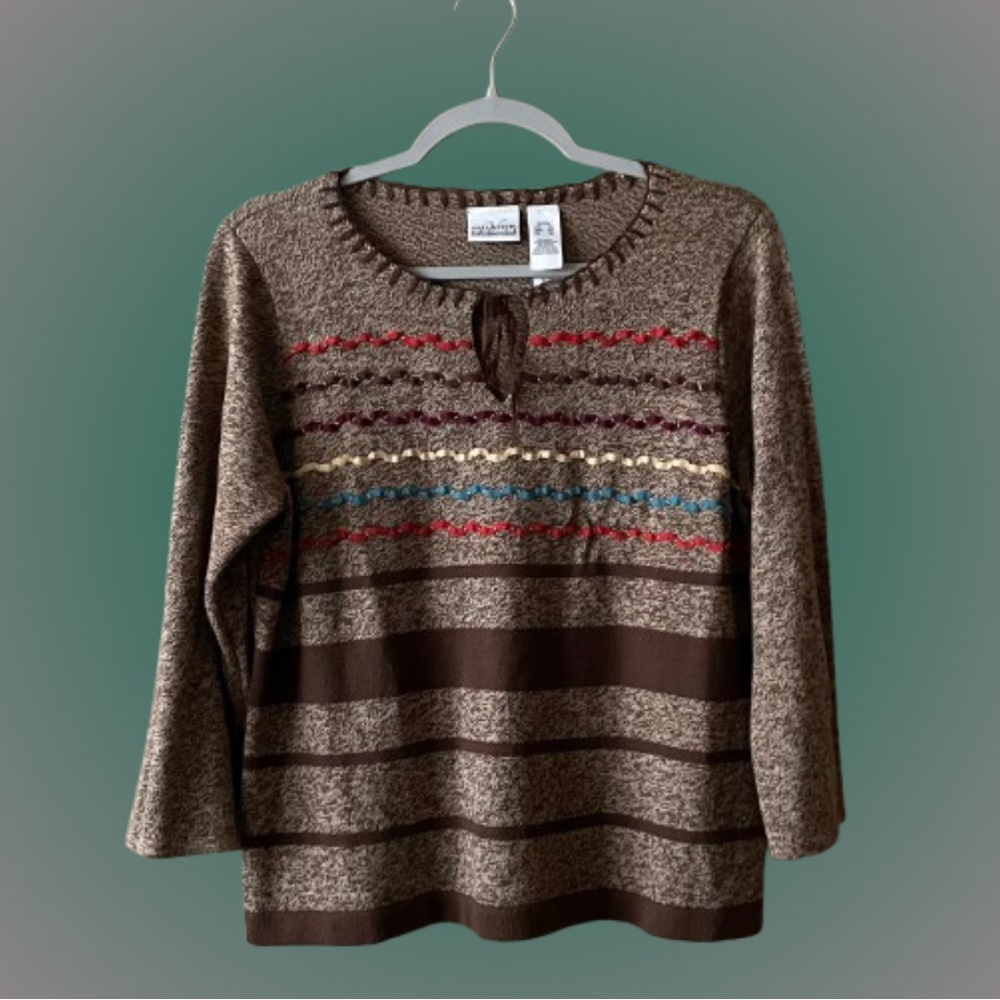 Vtg Villager (Liz Claiborne) marled brown & cream cotton blend sweater top